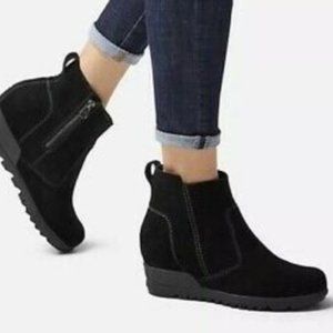 Sorel Evie Black Suede Leather Zip Wedge Bootie